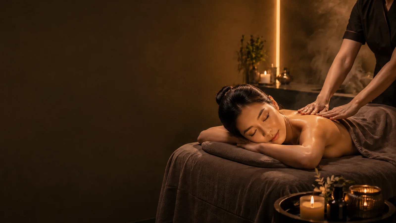 A therapist working along a client's shoulders during a back massage in a candlelit treatment room