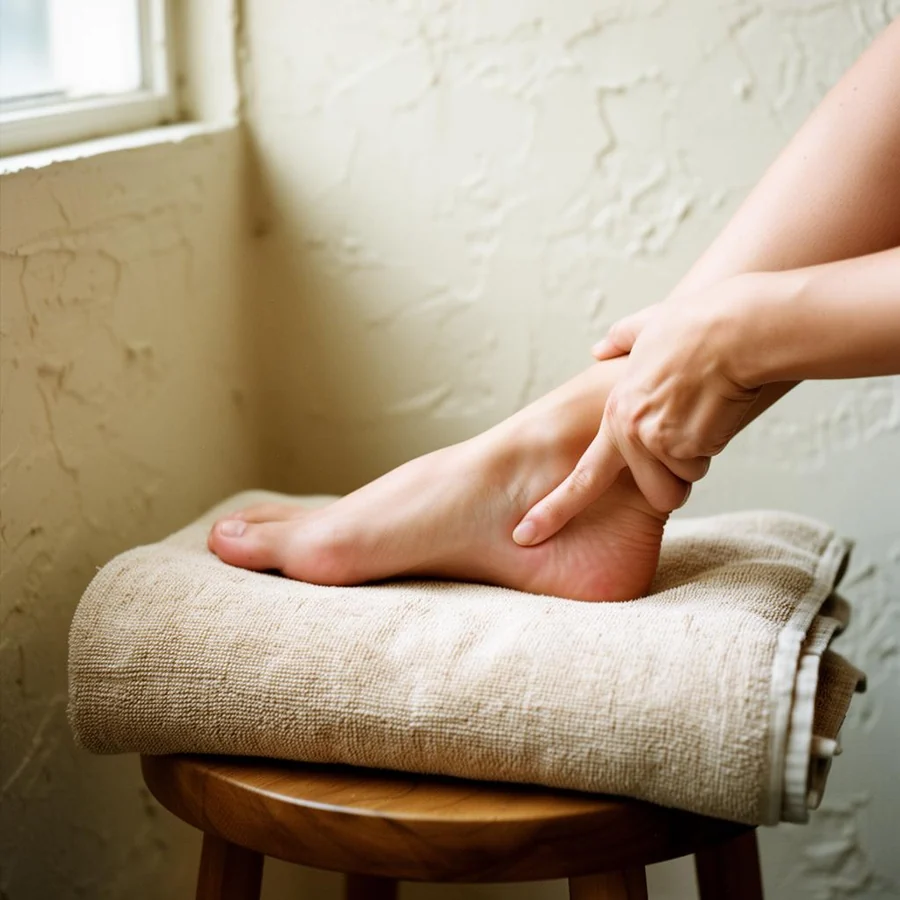 Therapist applying thumb pressure to the arch of a client's foot during reflexology