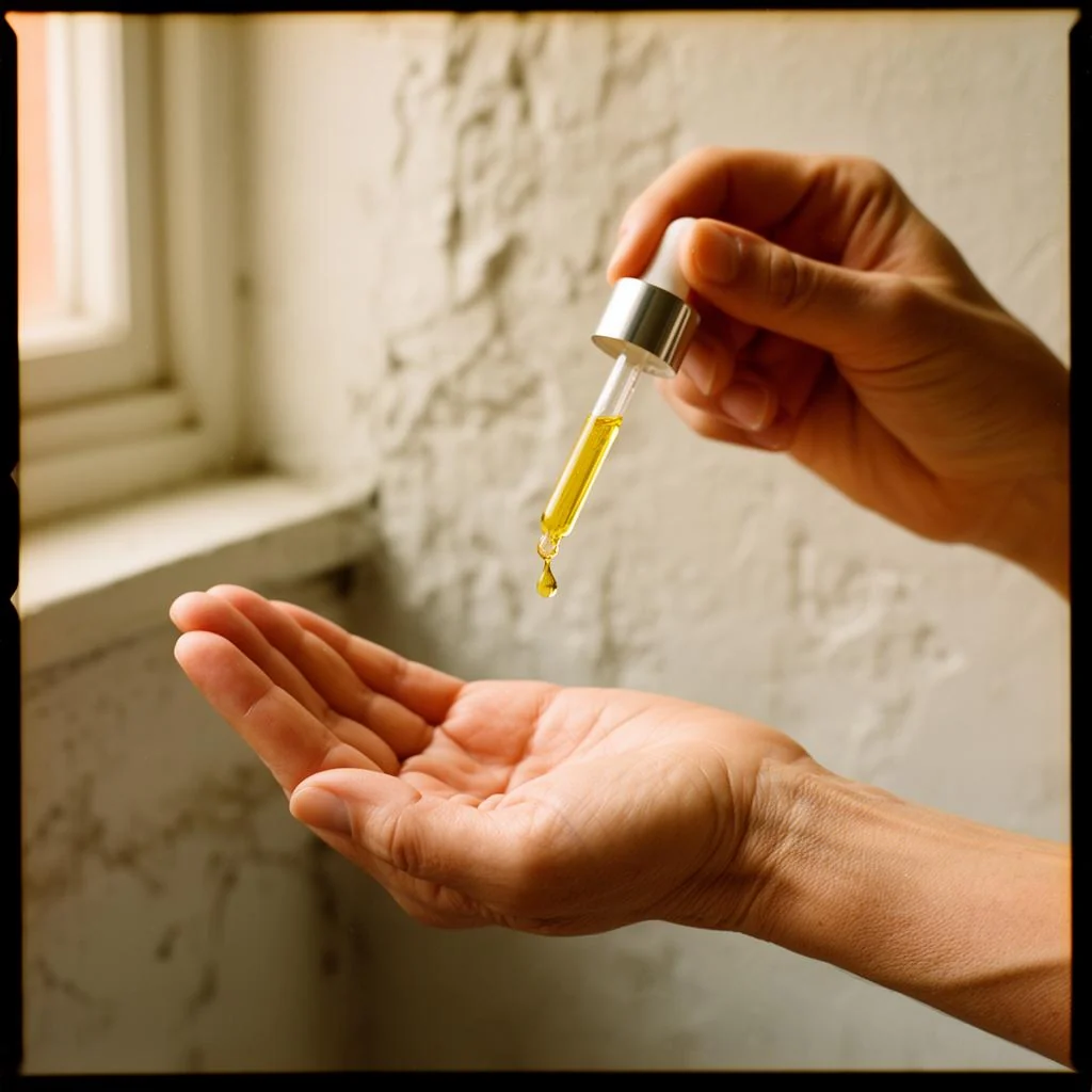 A dropper releasing a drop of massage oil into an open palm — the start of the kind of session a massage near Aloha is booked for