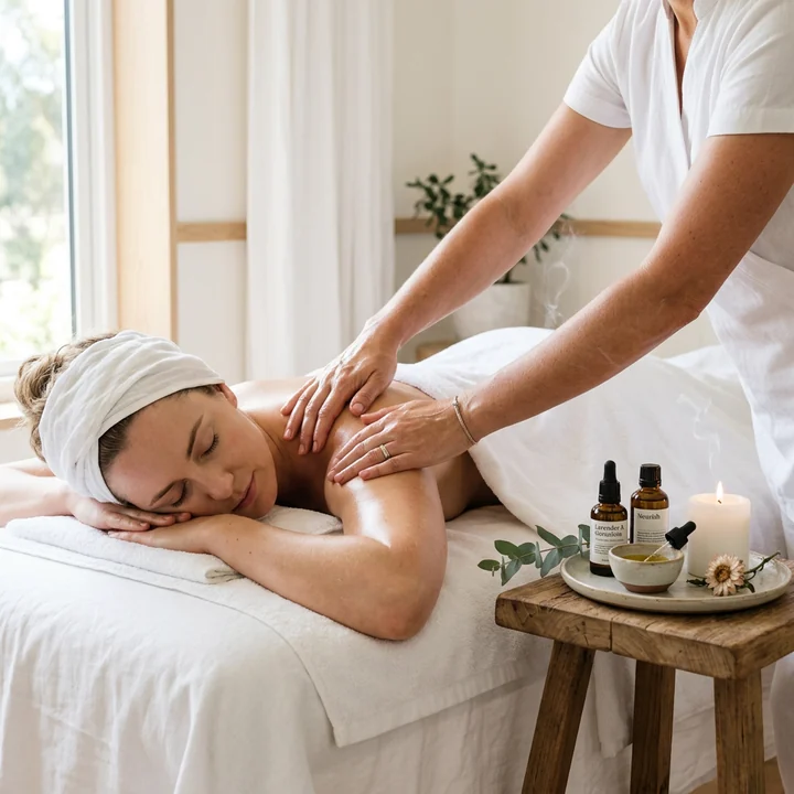 Therapist working across a client's upper back and shoulders in a massage for stress and anxiety, with oil bottles and a lit candle on a stool alongside