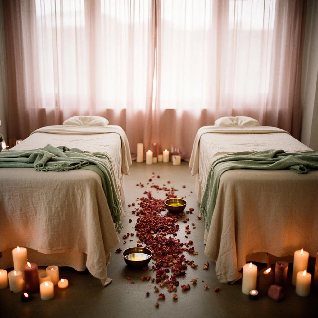 Two massage tables set side by side for a couples massage in a private room, made up with linen and lit by candles