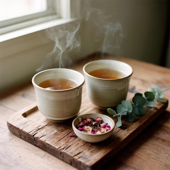 Two cups of tea steaming on a wooden board beside a dish of dried rose petals
