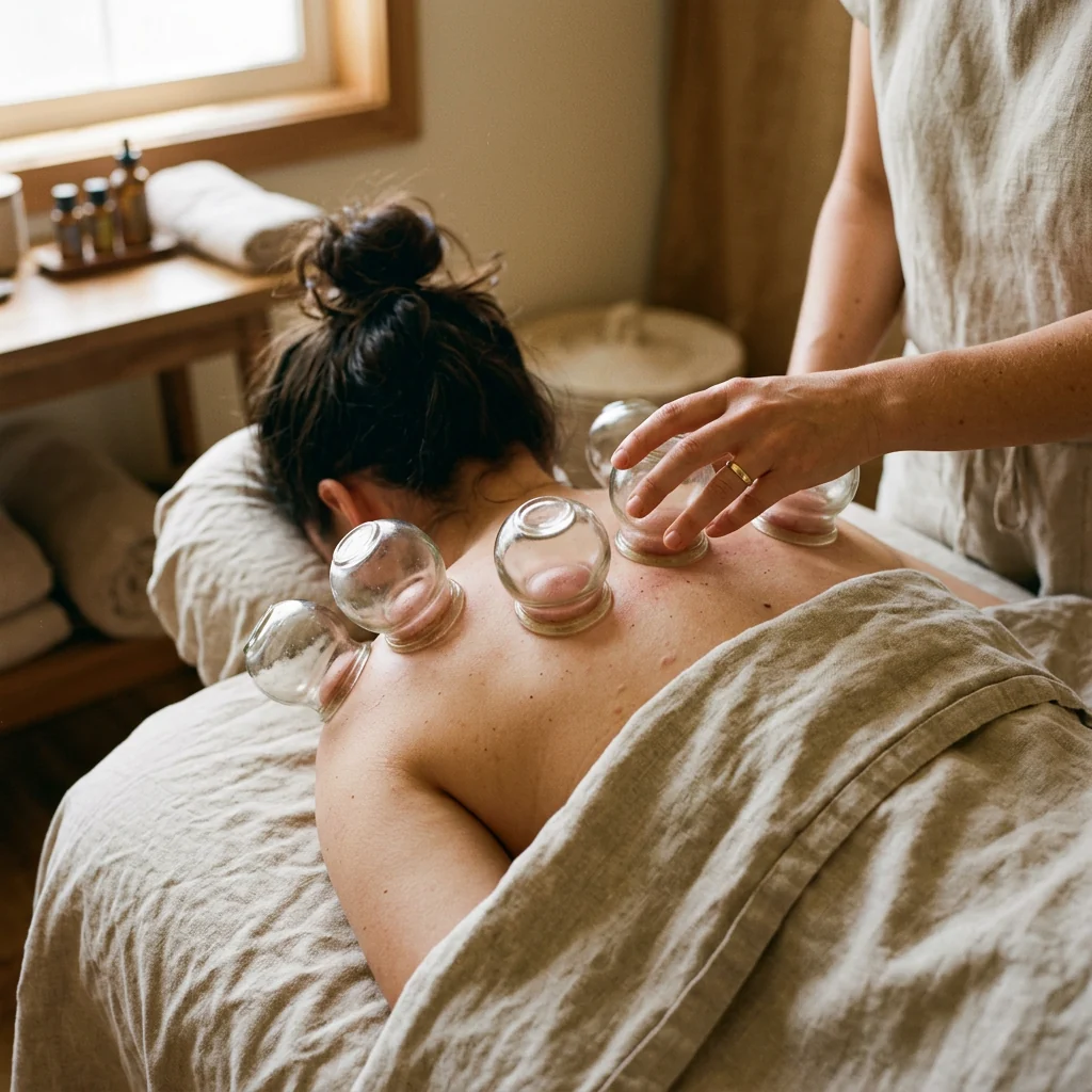 Row of glass cupping vessels drawing suction along a client's upper back during a cupping therapy session