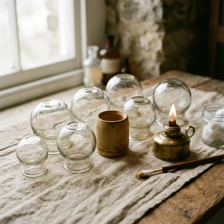 A set of glass cupping vessels laid out on a table beside a small brass spirit lamp