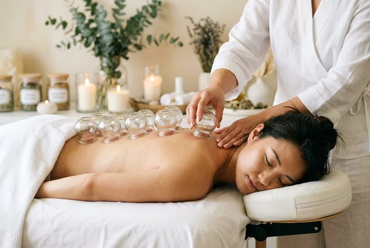 Therapist setting a glass cup onto a client's back, with a row of cups already in place along the spine