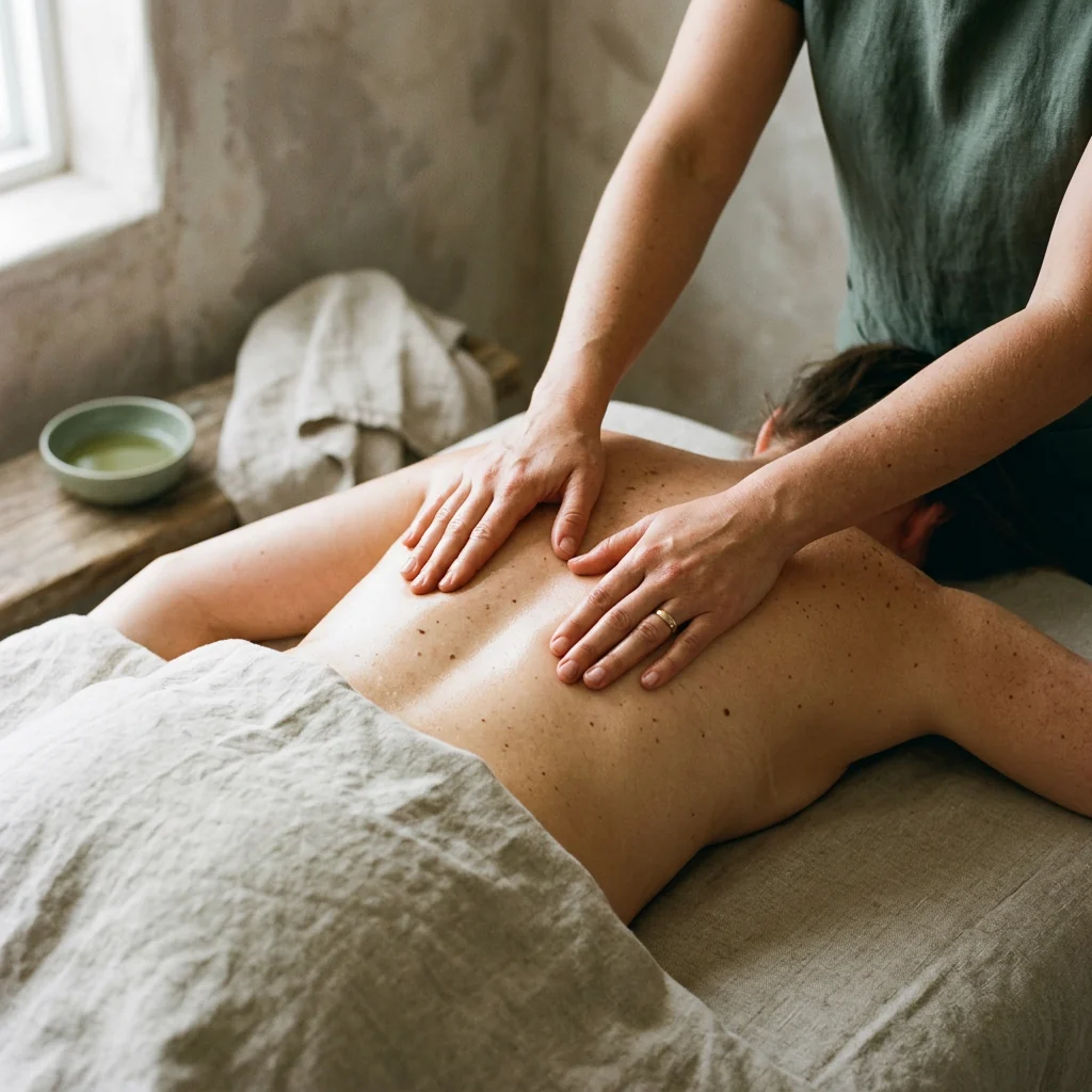 Therapist using slow, flat-handed pressure along the muscles beside a client's spine during a deep tissue massage