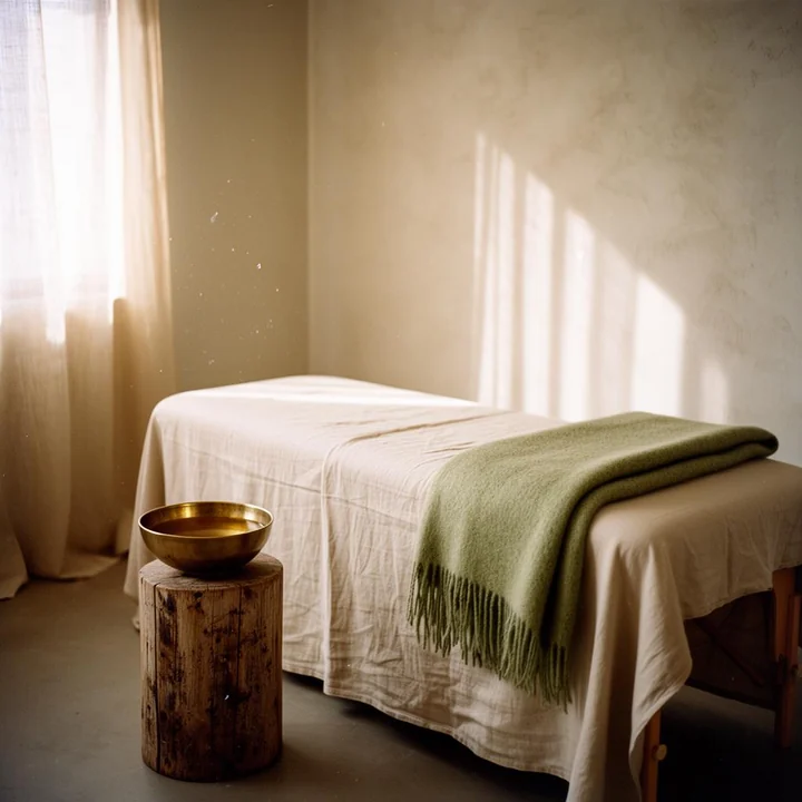 A quiet treatment room in low afternoon light, the table made up for a massage for back pain, a folded green throw across the end