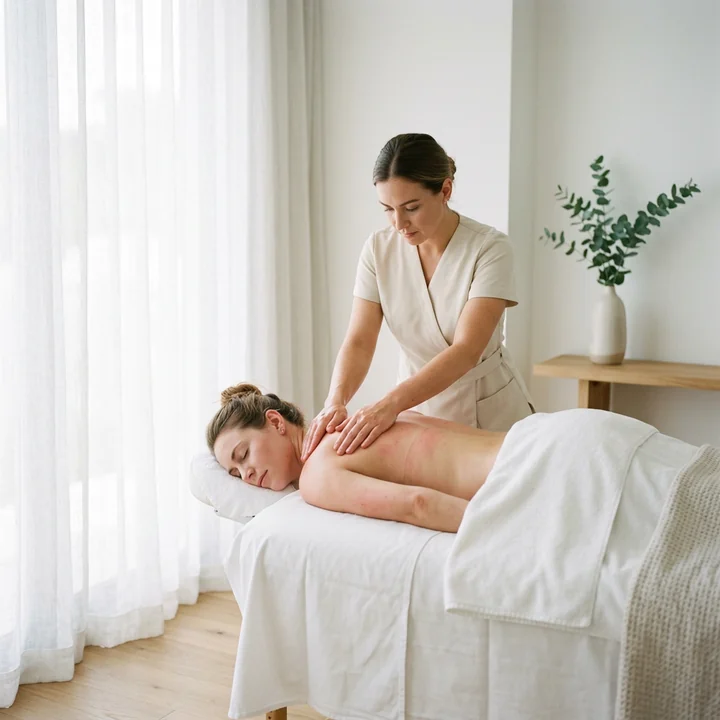 Thumb pressure applied to a tight band of muscle between the shoulder blade and spine