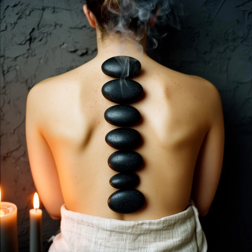 A row of smooth black basalt stones resting along a client's spine during a hot stone massage, with candlelight behind