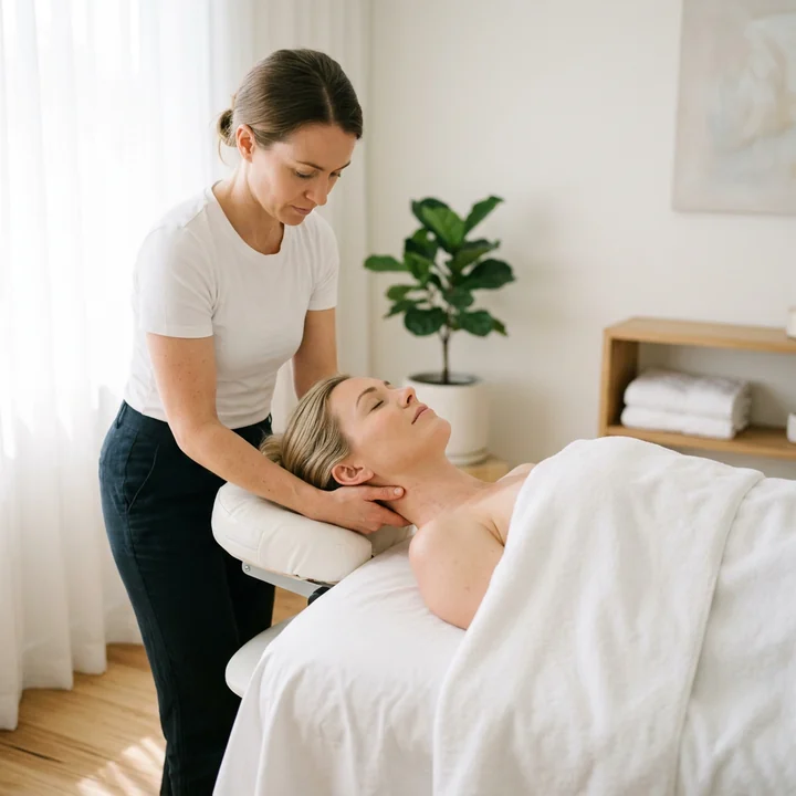 Therapist standing at the head of the table, cradling and working the neck of a client lying face up — the neck work used in massage for tension headaches