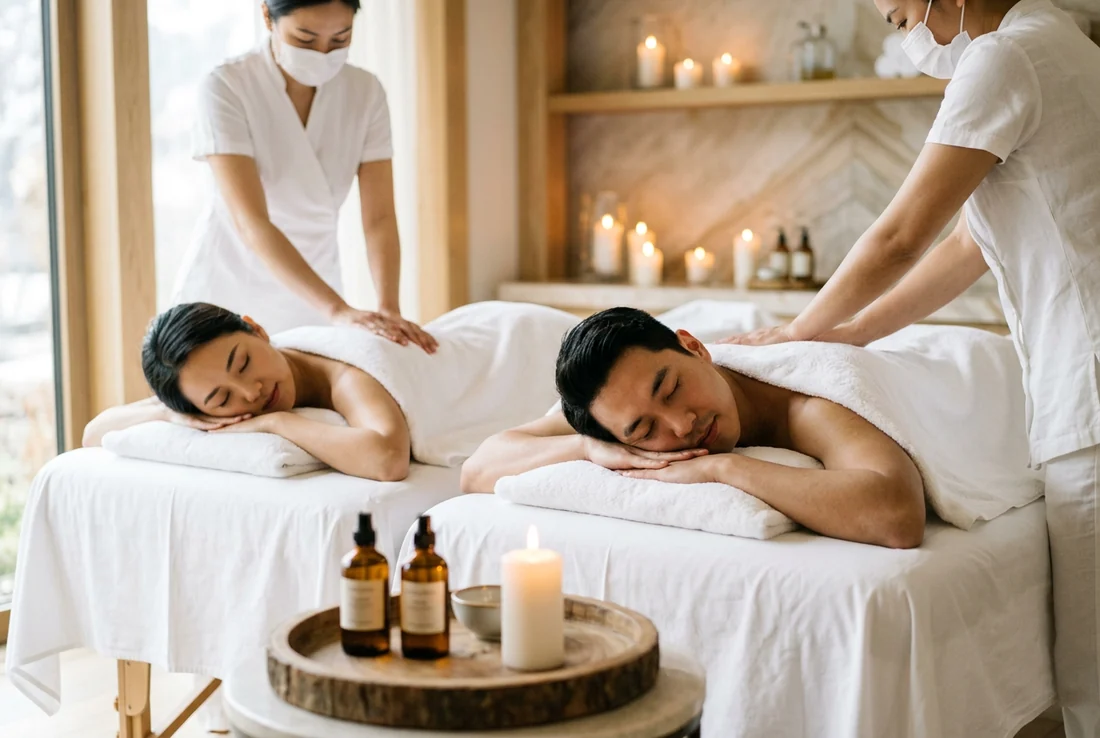 Two people receiving massages on side-by-side tables in a candlelit treatment room, the kind of late evening massage appointment booked after work