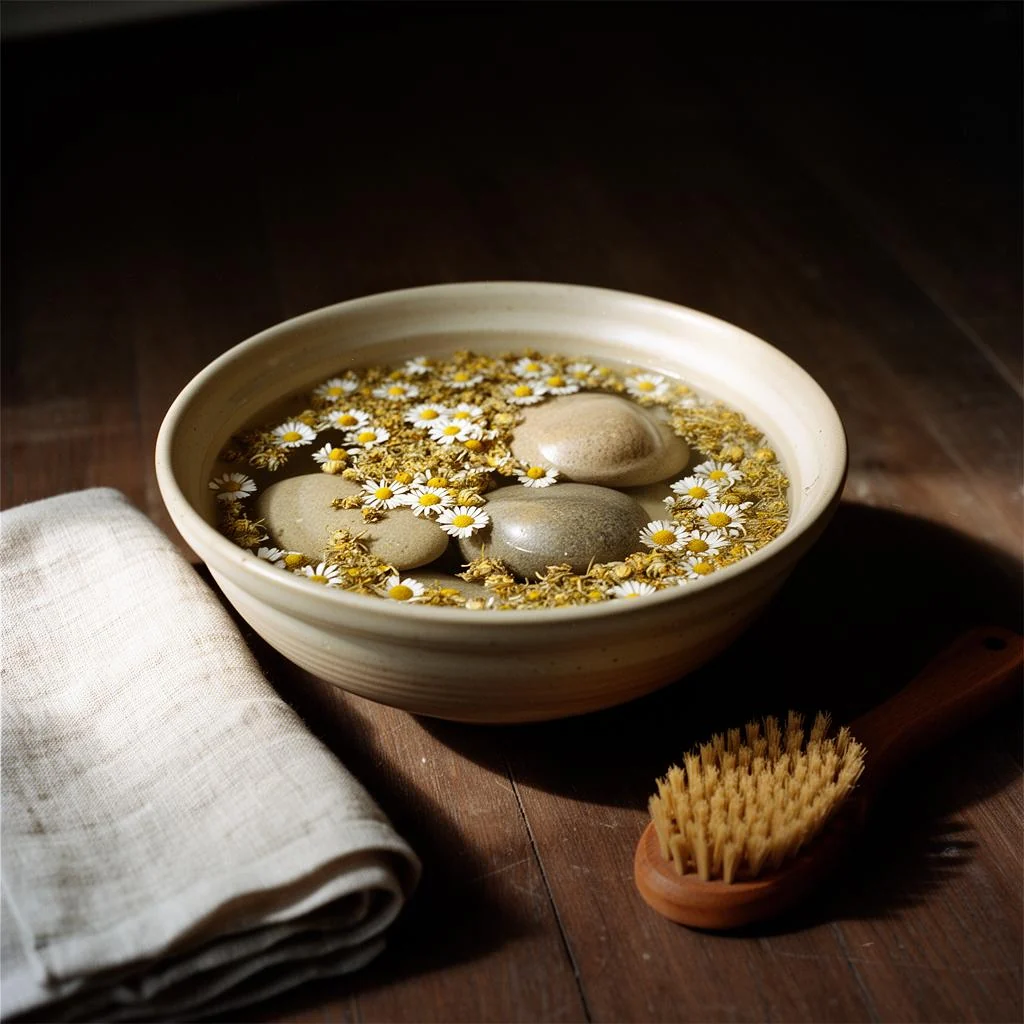 A bowl of water with chamomile flowers and smooth stones set out for a foot massage, beside a folded linen cloth and a bristle brush