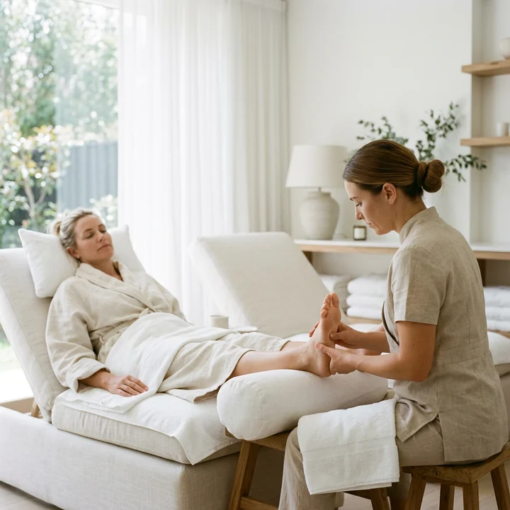 Sustained thumb pressure applied along the sole of a foot during a reflexology-style session