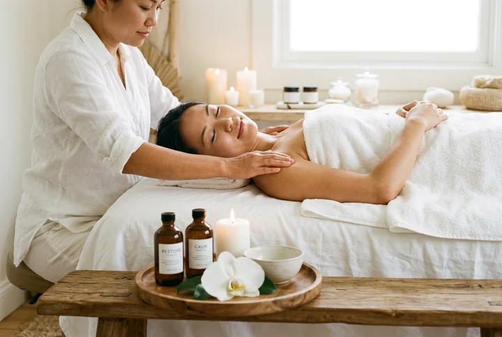 Therapist working a client's shoulder on a massage table beside candles and amber oil bottles