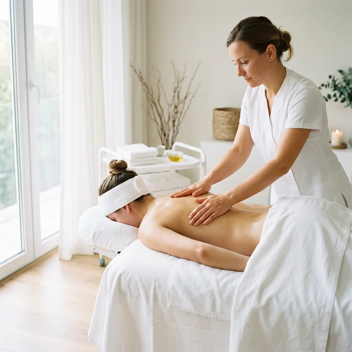 Therapist working oil along a client's back on a massage table in a bright treatment room