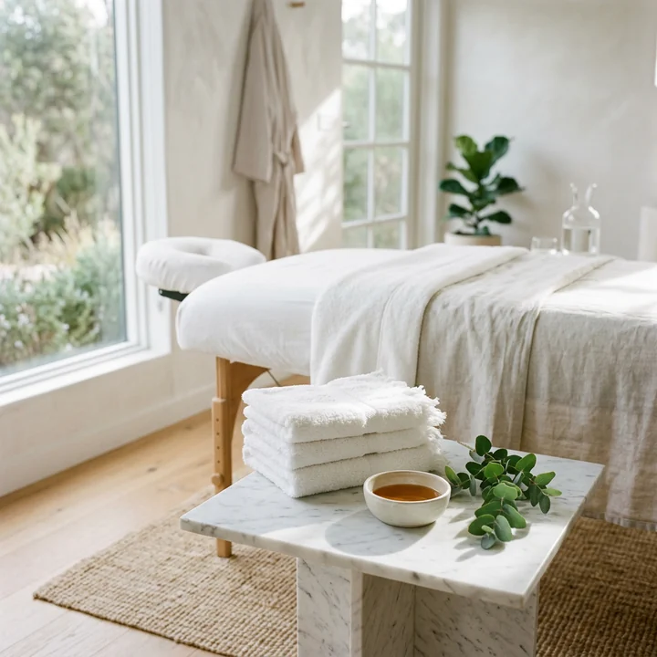 A massage table made up with fresh linen, folded towels and a bowl of oil on a side table