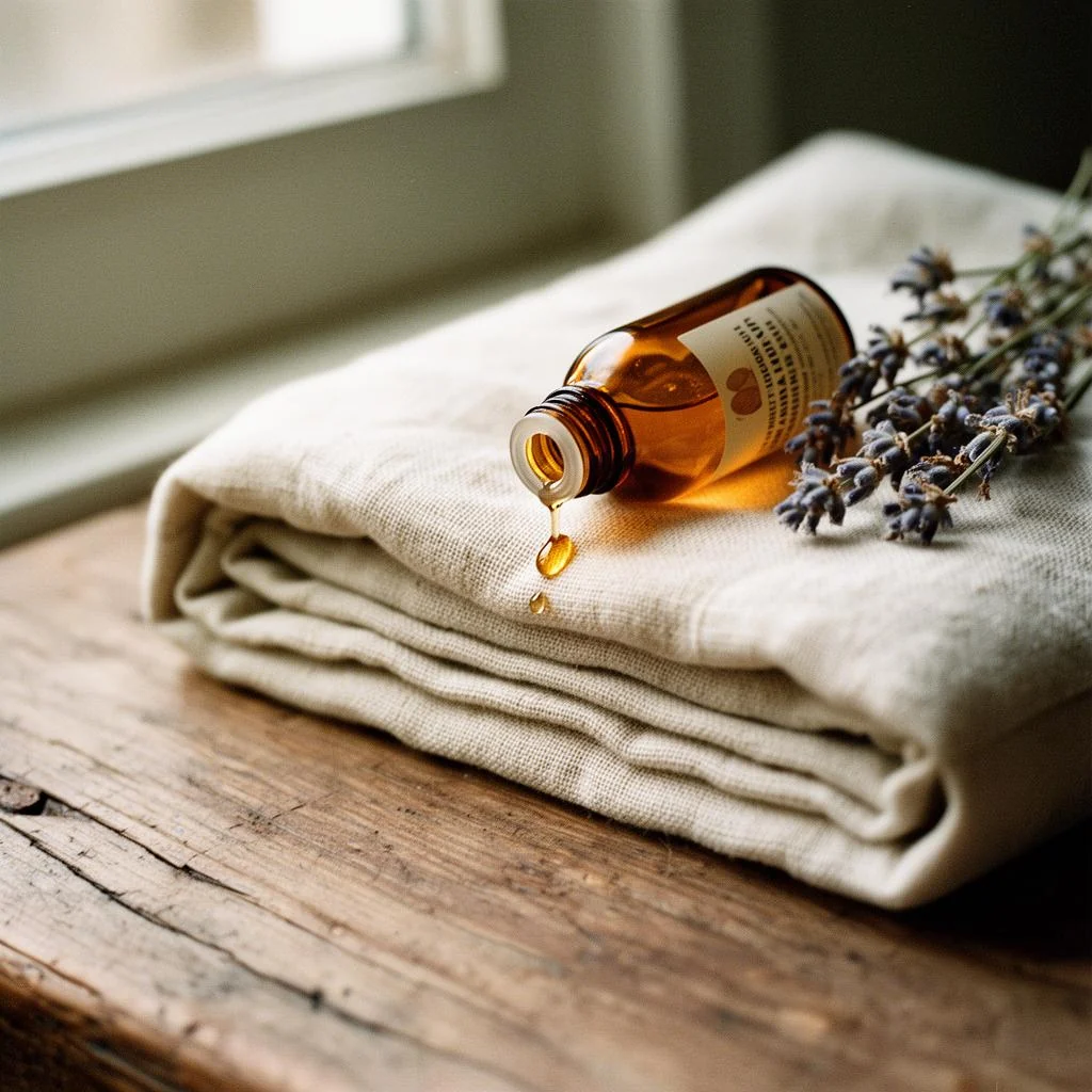 A bottle of massage oil resting on folded linen beside dried lavender, set out for a prenatal massage