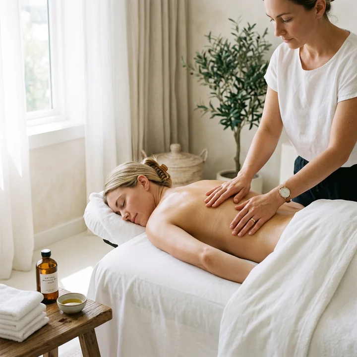 A therapist working along a client's lower back with flat, even palm pressure