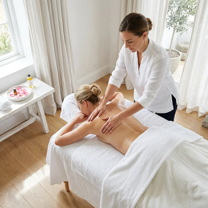 A therapist using slow strokes across a client's shoulder blades in a bright treatment room