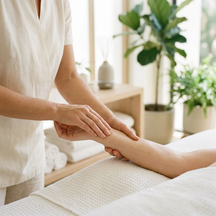 Therapist working with both hands along a client's forearm and wrist during a massage