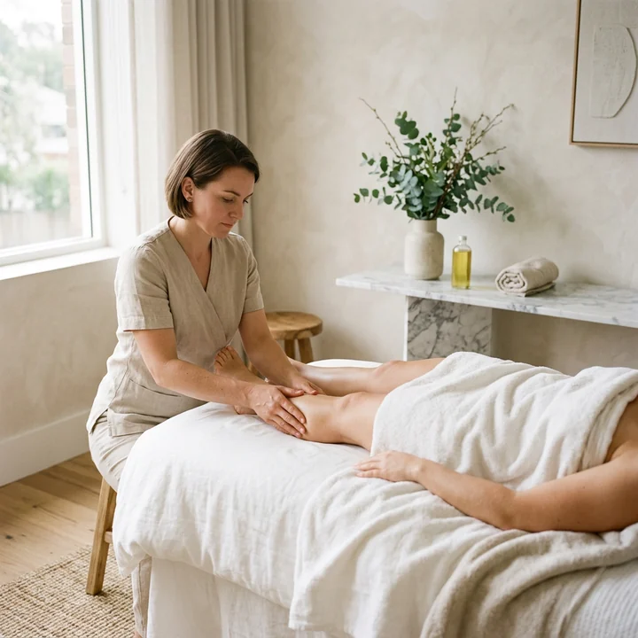 Therapist seated beside a massage table working slowly along a draped client's arm
